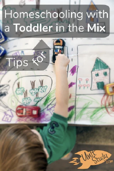 Here are our best tips for homeschooling with a toddler in the mix! How to keep a VERY active toddler busy while the older kids are studying.