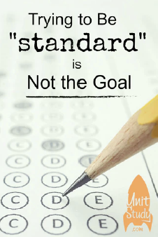 Trying to be standard is not the goal with homeschooling. The dreamers, healers, builders, and inventors are never “standard”. Give your children the chance to discover their God-given talents and gifts. 