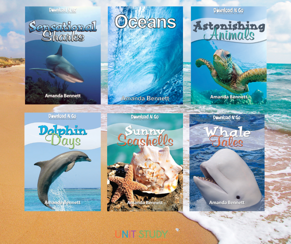 The Ocean Adventure Set includes six interactive unit studies and is ready to use immediately. Our most popular ocean titles create this set for you!